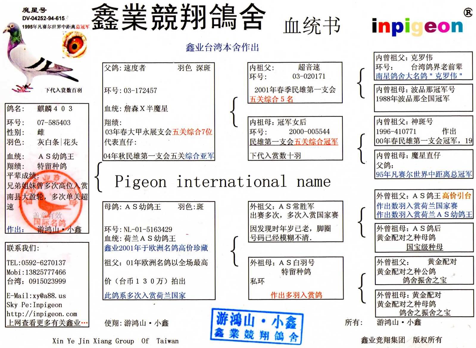 父鸽血统书